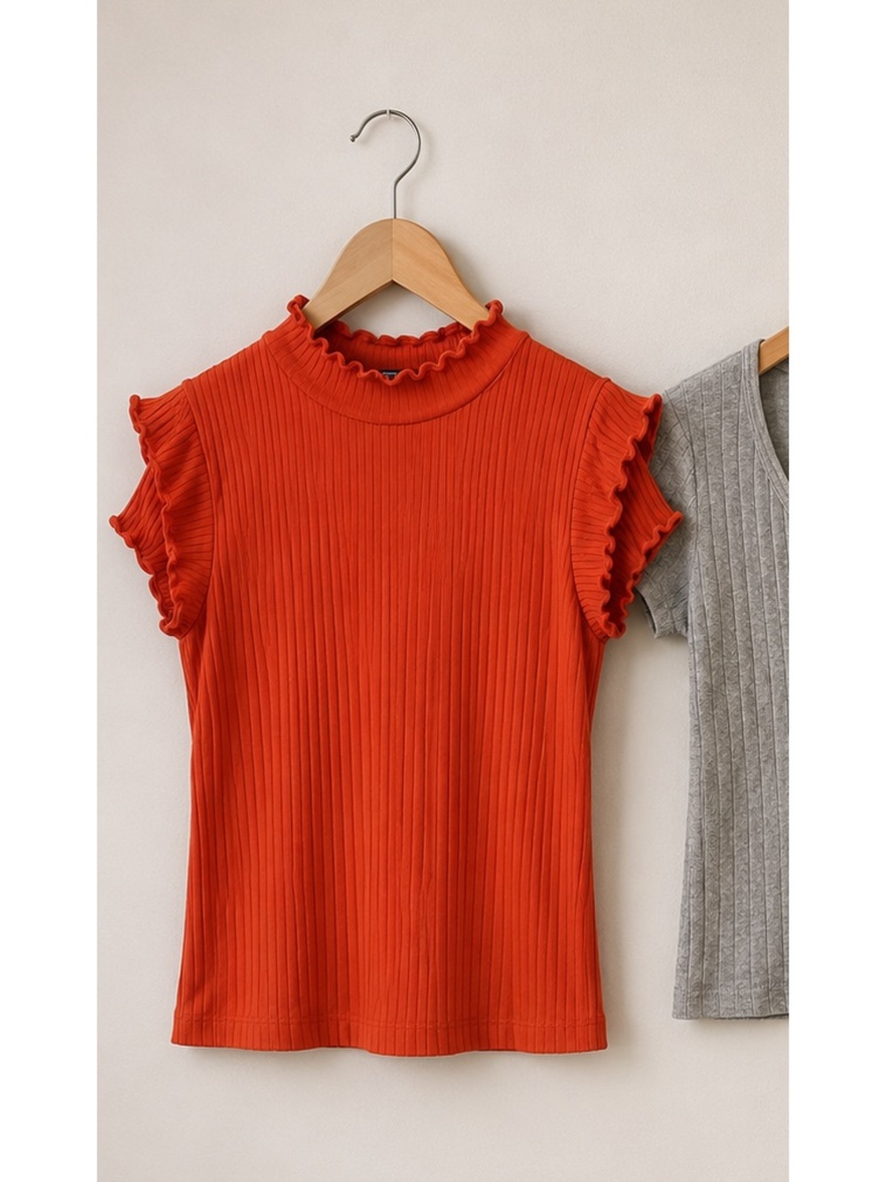 Zara Ribbed Mock Neck Tank in Bright Orange with Ruffle Sleeves